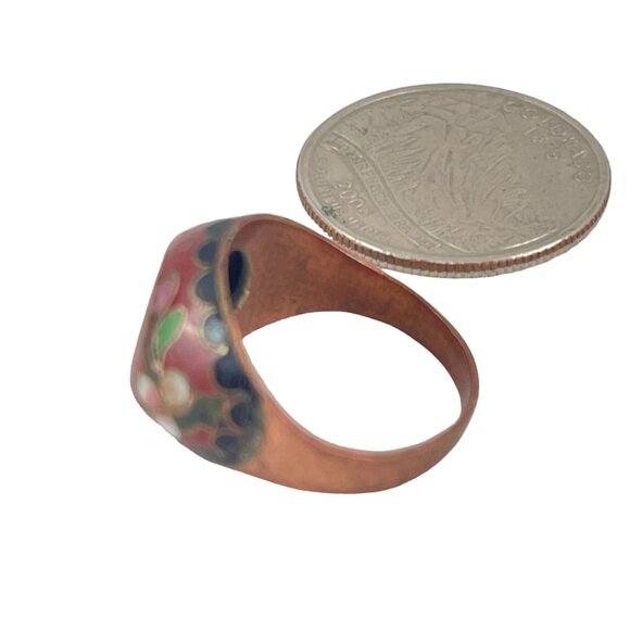 Vintage Cloisonné Ring Chinese Export Enamel Floral Design Copper Base Unique Ar - Picture 6 of 12